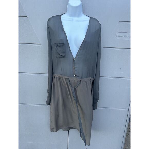 Chloe Sheer Olive Green 100% Silk V-neck Drop Waist Dress Gold Buttons FR40/US 8 - Picture 16 of 16